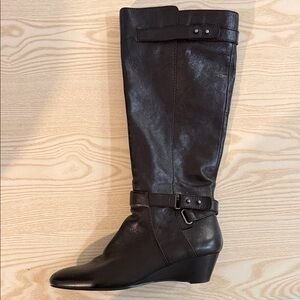 Bandolino Black Leather Knee-High Wedge Boot